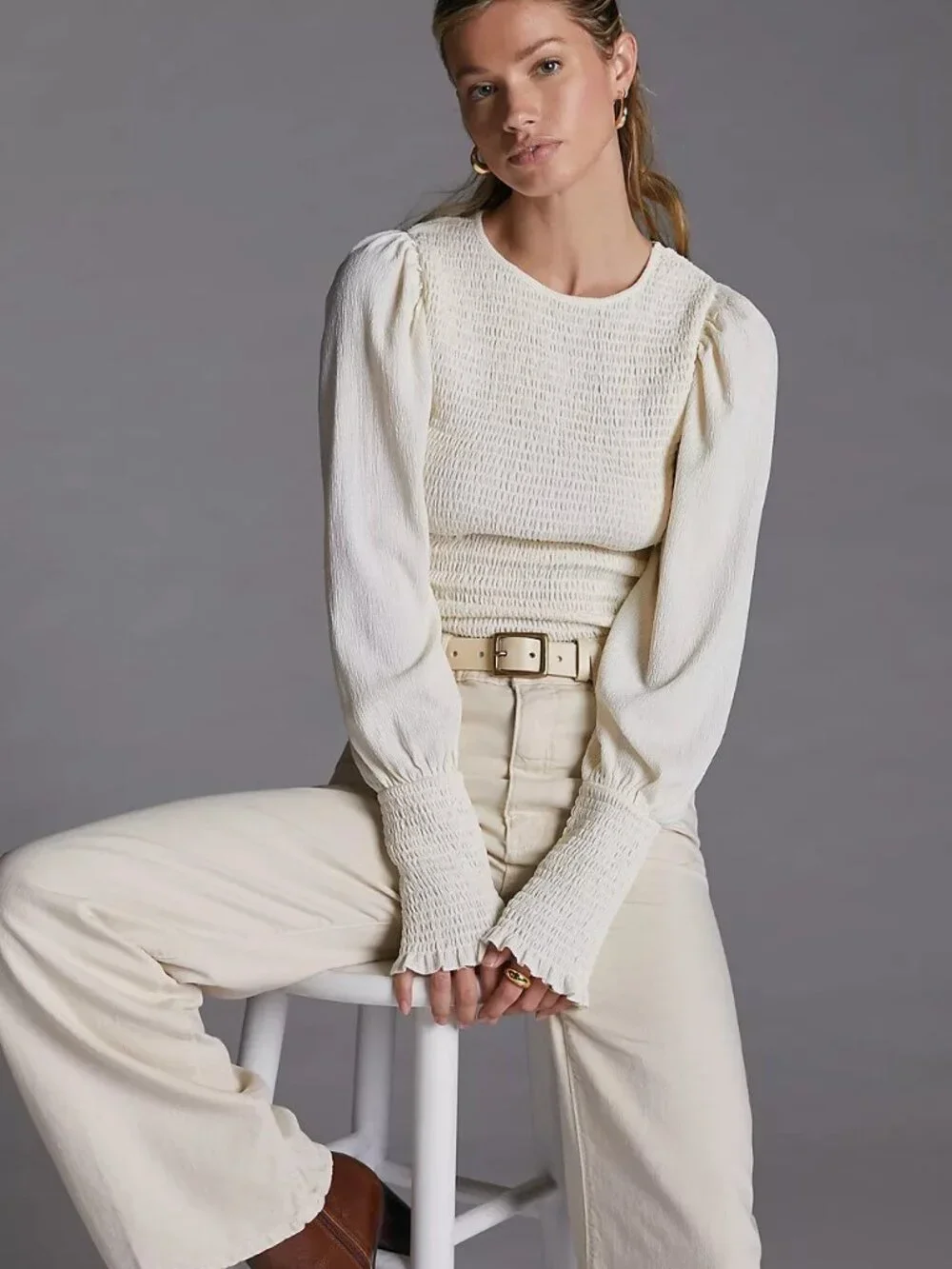 by Anthropologie Ivory Smocked Puff Sleeve Top xs